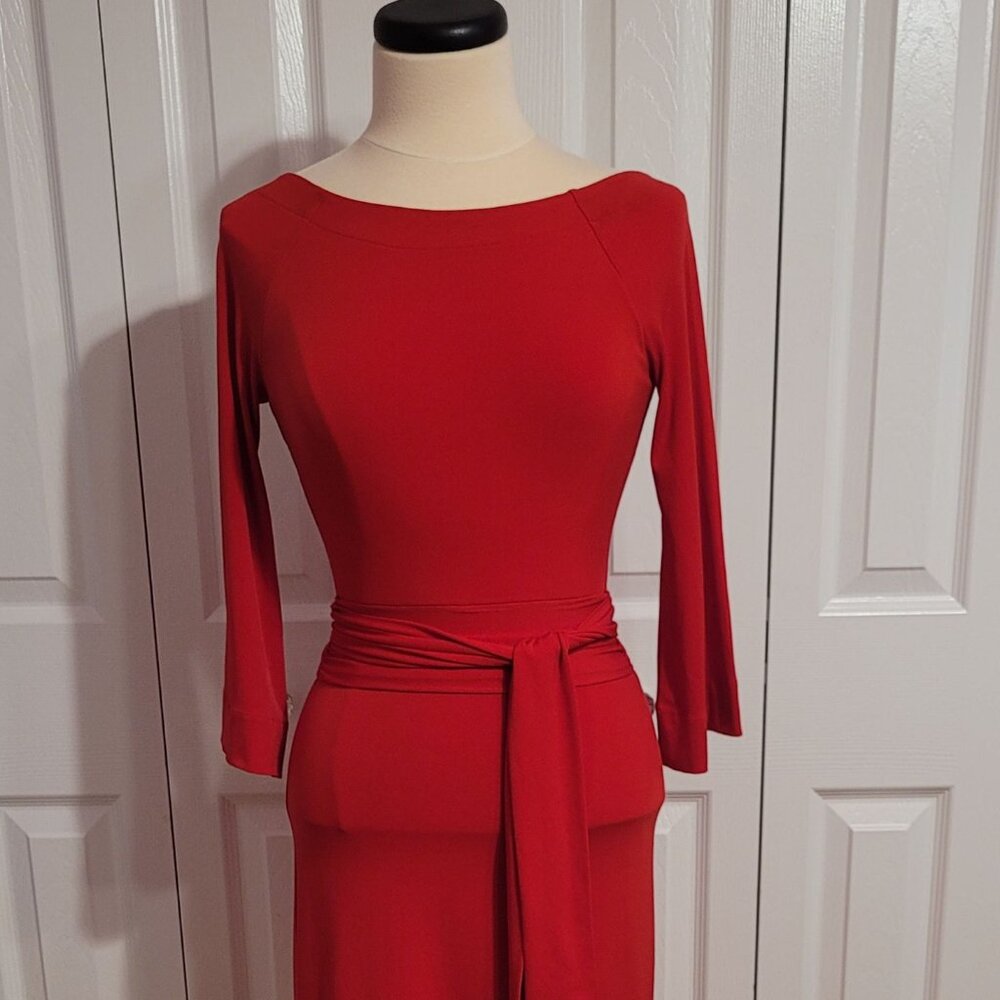 Moda International Scoop Neck Low Back 3/4 Sleeve Sash Belted Red Dress, Size XS
